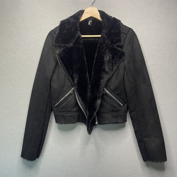 Black Faux Fur Lined Biker Jacket Trf Collection S - Picture 1 of 6